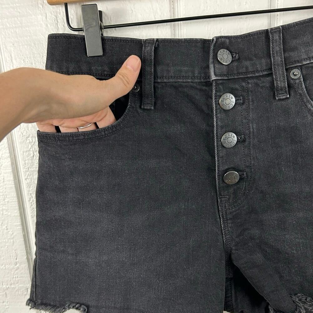 J Crew Black Denim Shorts Size 26 High Rise Button Fly Frayed Hem Stretch Jean - Picture 3 of 7
